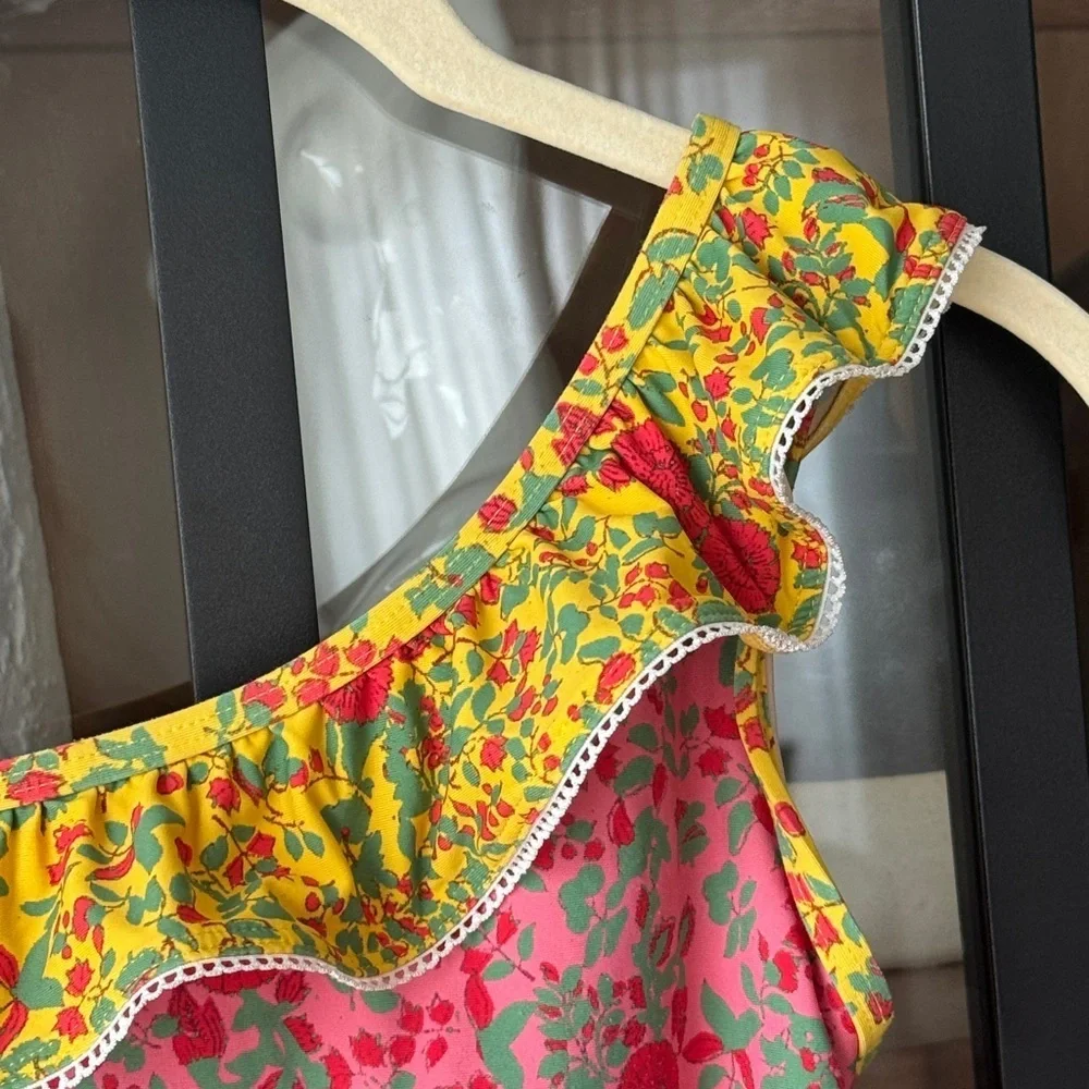Roller Rabbit girls one piece swimsuit floral ruffle one shoulder block print